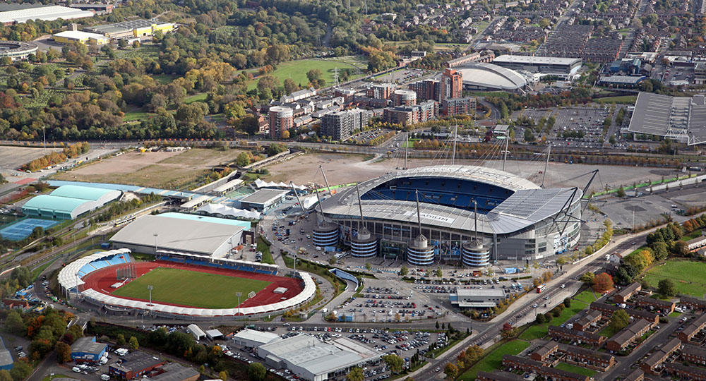 aerial view of The Etihad Stadium & Manchester Regional Arena & National Squash Centre, Manchester, UK